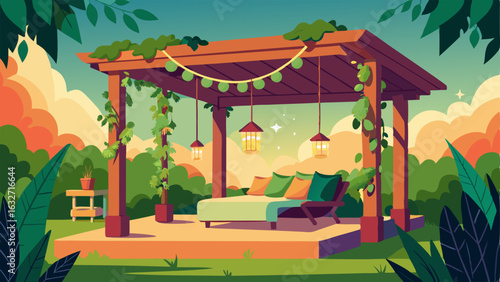 A lush backyard oasis with a canopy daybed hanging lanterns and a wooden pergola adorned with climbing vines.