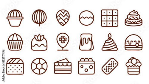 Delicious and Sweet Bakery Desserts Outline Icons Vector Set
