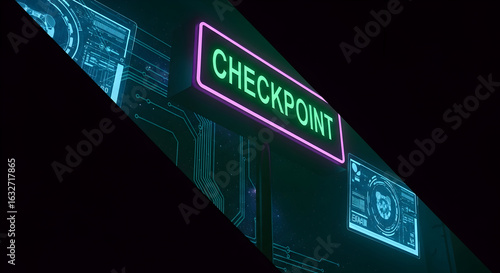 Cyberpunk Checkpoint Neon Sign With Futuristic Technology Interface Concept