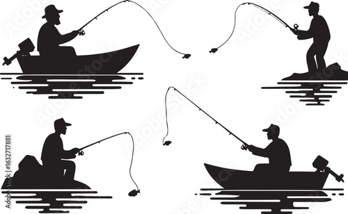 Silhouettes of fishermen in boats and on rocks with fishing rods and caught fish fisherman