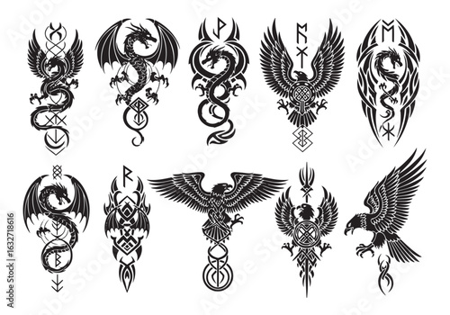 Collection of Black and White Viking-Inspired Dragon and Eagle Tattoos