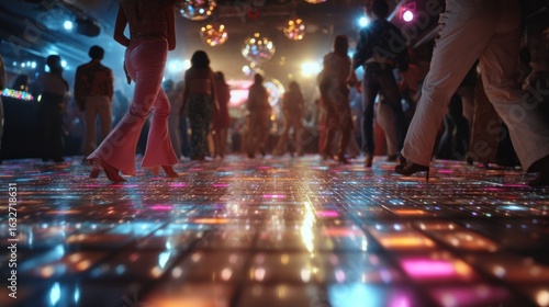Dance floor vibes, people dancing at disco club in the 1970s with disco balls