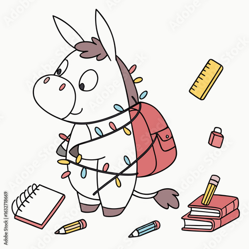 Cute SVG of a Shy Donkey in Chalkboard Fun colors, featuring wrapped in fairy lights in a Back to school setting