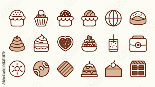 Sweet and Delicious Bakery Desserts Outline Icons Vector Set