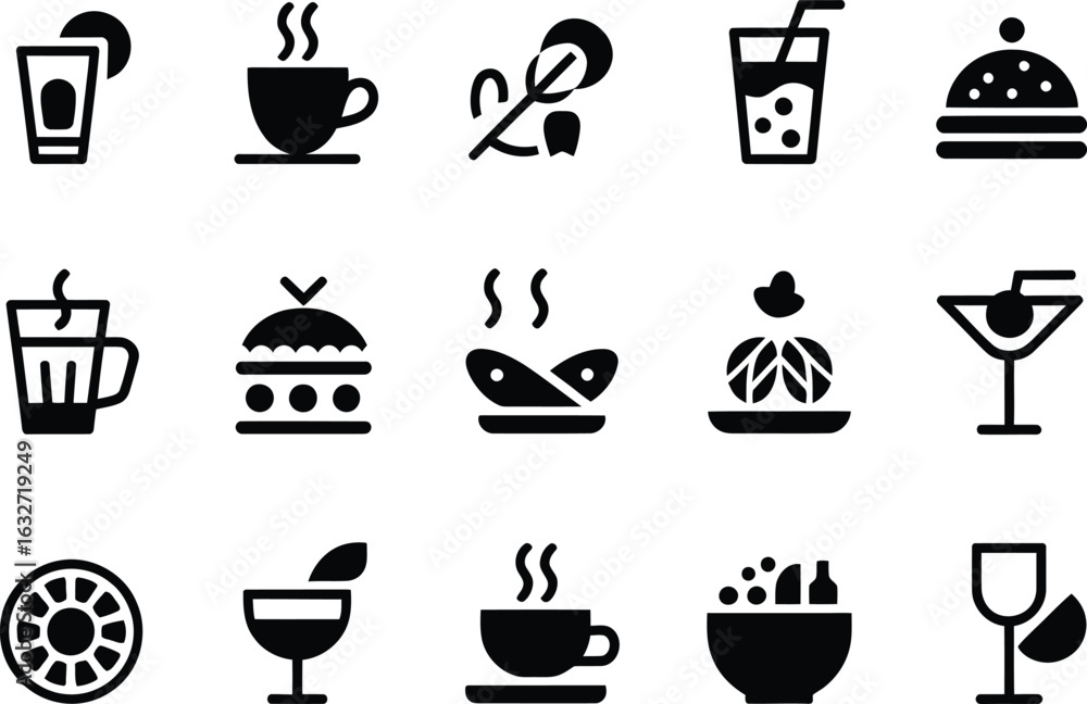 Obraz premium Collection of Black Silhouette Food and Drink Icons in Simple Style Featuring Beverages Coffee Meals and Desserts on White Background