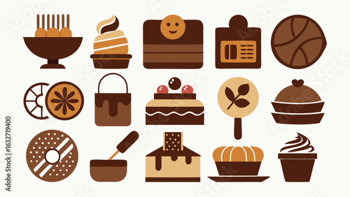 Delicious and Sweet Chocolate Desserts Vector Icon Set