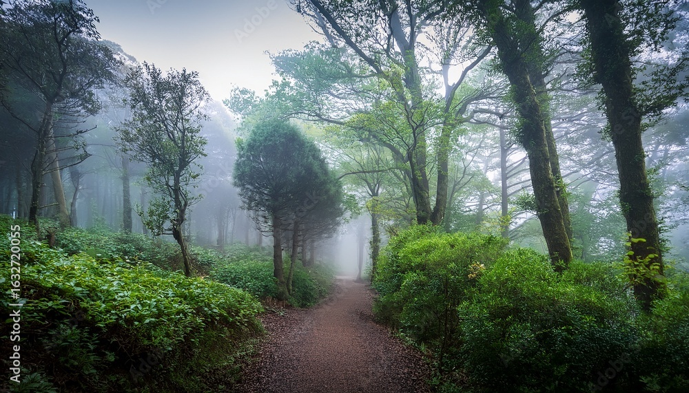 Obraz premium a foggy forest path with trees and bushes