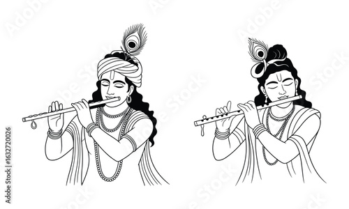 Two illustrations of Lord Krishna playing the flute with peacock feathers Hindu god Krishna Janmashtami