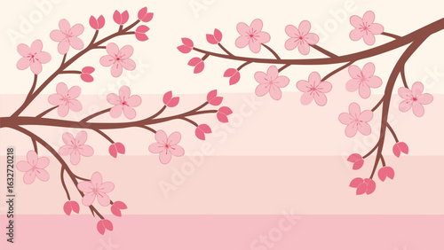 Blooming cherry blossom branches in soft pink hues and minimalist japanese design