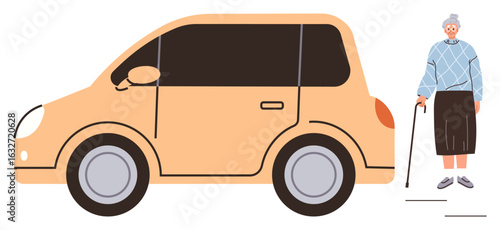 Elderly woman with cane stands beside a compact car. Ideal for senior care, mobility, independence, safety, transportation, aging lifestyle, urban life themes. Simple flat metaphor