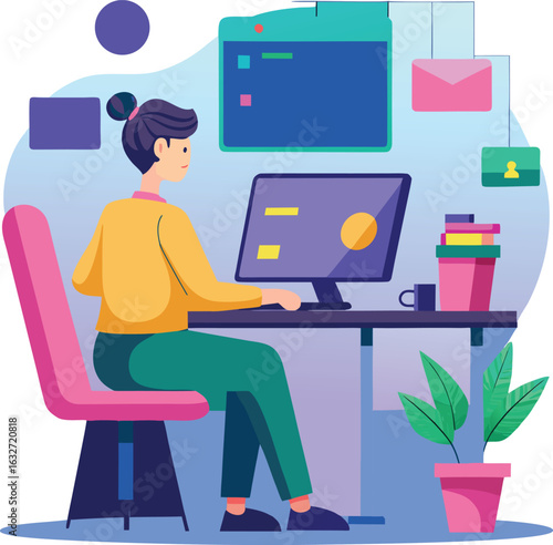 Business people work on computers at desks in an office