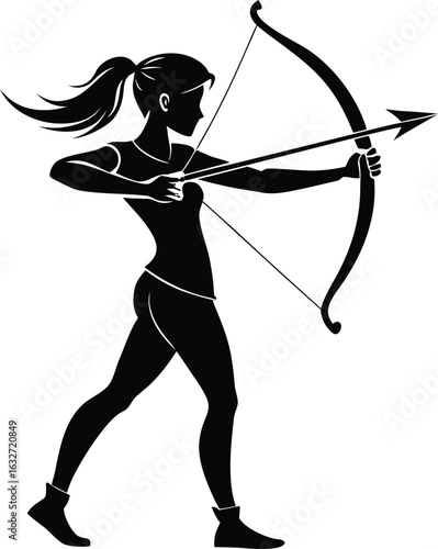Young woman aiming an arrow with a bow, a beautiful and powerful warrior practicing archery