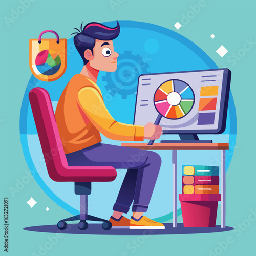 Vector cartoon illustration of a smiling young woman working on her computer in an office chair