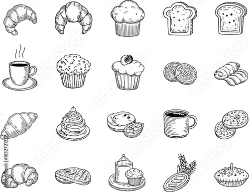 Collection of bakery items in monochrome sketch style featuring croissants muffins bread cookies donuts and more delicious sweet treats