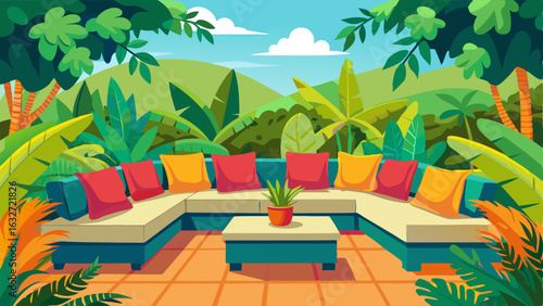 An outdoor patio with a wicker sectional brightly colored throw pillows and a lush garden of tropical plants.
