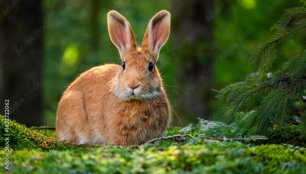 Fototapeta premium a large untamed orange rabbit or bunny in a stunning lush green woodland area