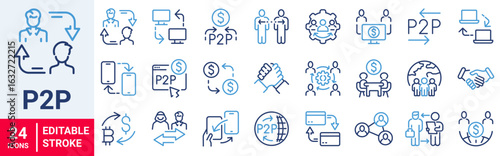 Peer to peer related line icons. p2p, payment, share, exchange etc. Editable stroke.
