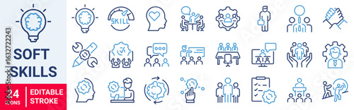Soft Skills web line icons. Skills, leadership, communication, creativity, empathy, self-motivation, problem solving, teamwork and responsibility. Editable stroke outline Vector illustration