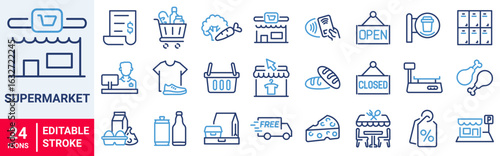 Supermarket icon collection set. Containing trolley, basket, grocery store, grocerant, parking area, self service, consumer icon. Simple flat vector.