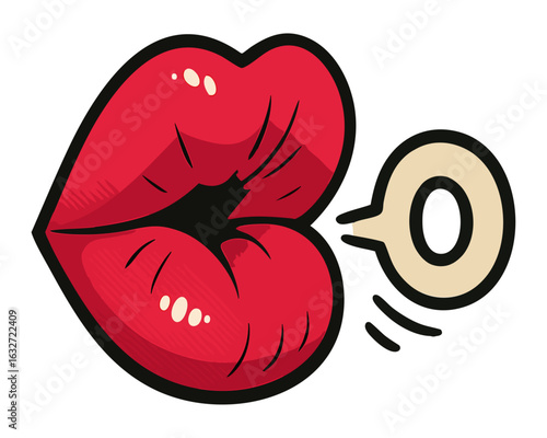 Vector cartoon lips whistling with bold lines and glossy red color, isolated on transparent background