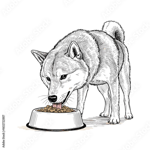 Shiba Inu dog eating from bowl, bottom view – vintage pet food sketch black and white vector illustration

