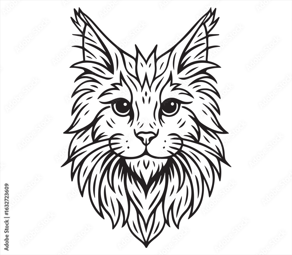 Fototapeta premium Maine Coon Cat Face Line Art | Fluffy Long-Haired Cat Black and White Vector Illustration