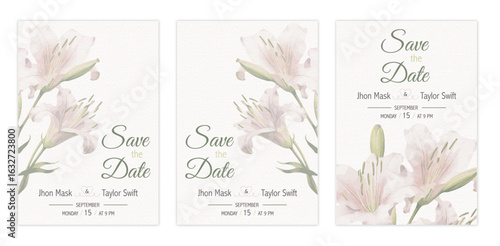 Elegant Watercolor Floral Save the Date Invitation Editable Template with Pink Lily Flowers for Wedding or Engagement