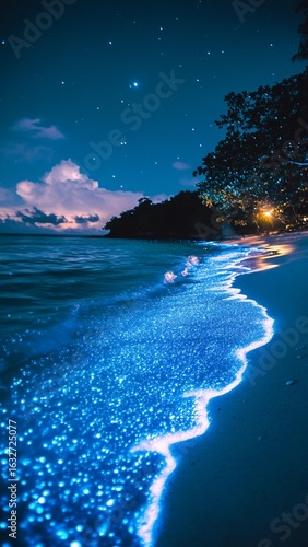Glowing Ocean Waves at Night