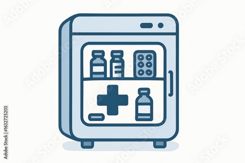 Free Download Conceptual representation of a compact refrigerator featuring medicine bottles and a cross symbol signifying health and wellness aimed at enhancing personal healthcare and home safety - GFXLoad