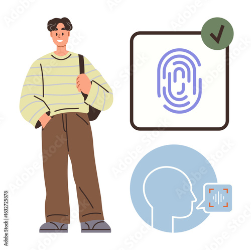 Man standing with shoulder bag, fingerprint icon, voice recognition icon for security, identity. Ideal for biometrics, privacy, technology, identification, security innovation authentication