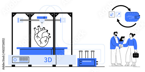3D printer creating a human heart model, professionals discussing with tablets, recycling icons. Ideal for healthcare, innovation, engineering, collaboration, environmental solutions, future