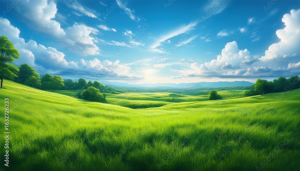 Obraz premium vibrant green grass field sunny sky fluffy clouds peaceful nature landscape illustration digital art painting background
