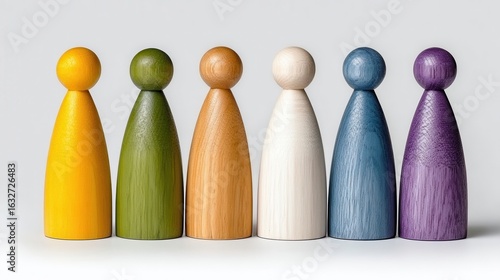 Six Wooden Colorful Peg Dolls Standing in a Straight Line