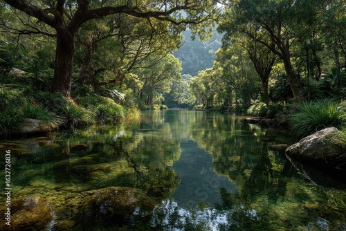 Scenic summer view of tranquil river surrounded by lush green trees in karangahake gorge, New Zealand