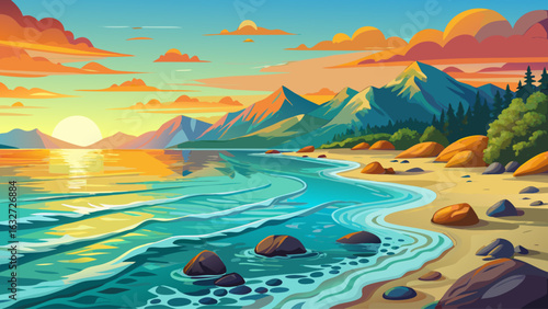 A stunning beach scene with gentle waves washing up on a pebbly shore, clear turquoise water, and a golden sunset over distant mountains.