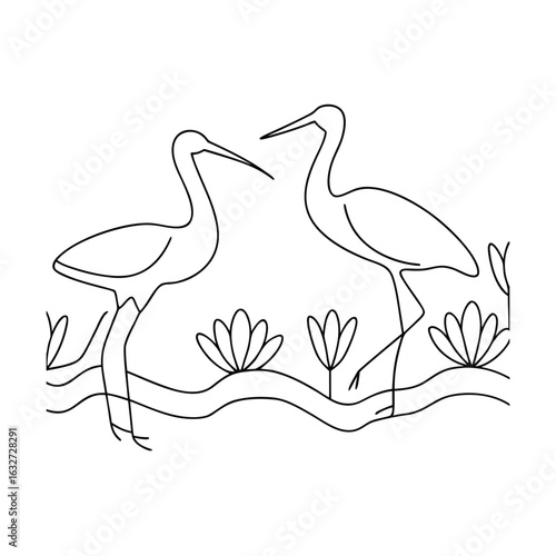 Elegant cranes wading through water plants heron wading bird