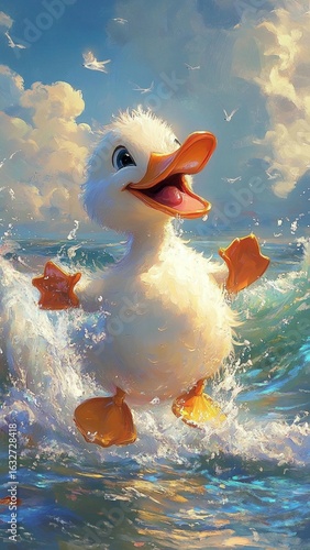 Happy Duckling in Ocean Waves