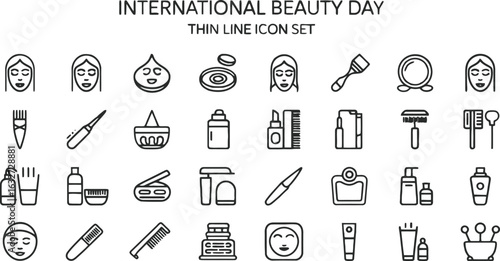 International Beauty Day Thin Line Icon Set: Skincare, Makeup, and Hair Tools