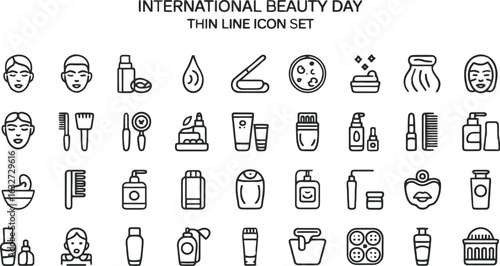 International Beauty Day Thin Line Icon Set: Skincare, Makeup, and Haircare Essentials