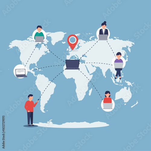 Global Remote Work Collaboration Map with Connected Avatars – Flat Vector

