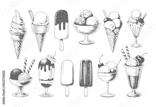 Vintage ice cream and popsicle sketch set in hand drawn style. Engraving styke ice cream collection including cones, sundaes, and frozen treats.