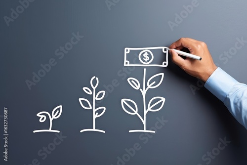 Understanding investment growth concept drawing money tree on chalkboard surface
