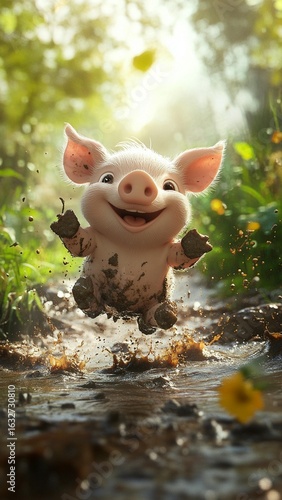 Happy Piglet in Mud Puddle
