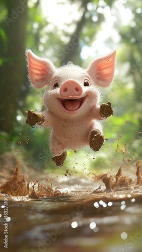 Happy Piglet Leaping in Mud