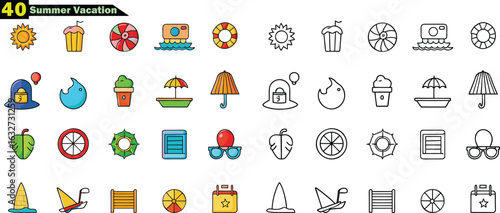 Collection of colorful and outline summer vacation icons travel beach