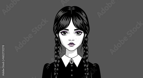 Portrait of a solemn gothic girl with dark pigtail braids, a timeless and melancholic vector illustration.