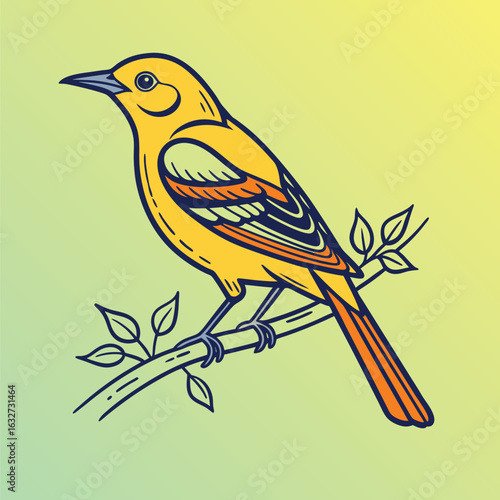 Stylized yellow oriole bird perched on a branch with leaves orange blue