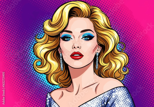 Glamorous blonde woman in pop art style with vibrant makeup and a retro halftone background