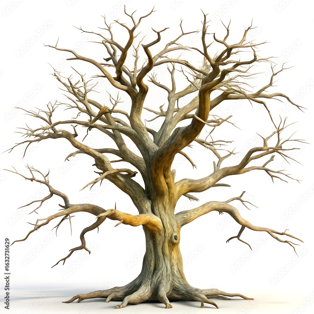 Fototapeta premium A bare, leafless tree with gnarled branches and a thick trunk, isolated on white background