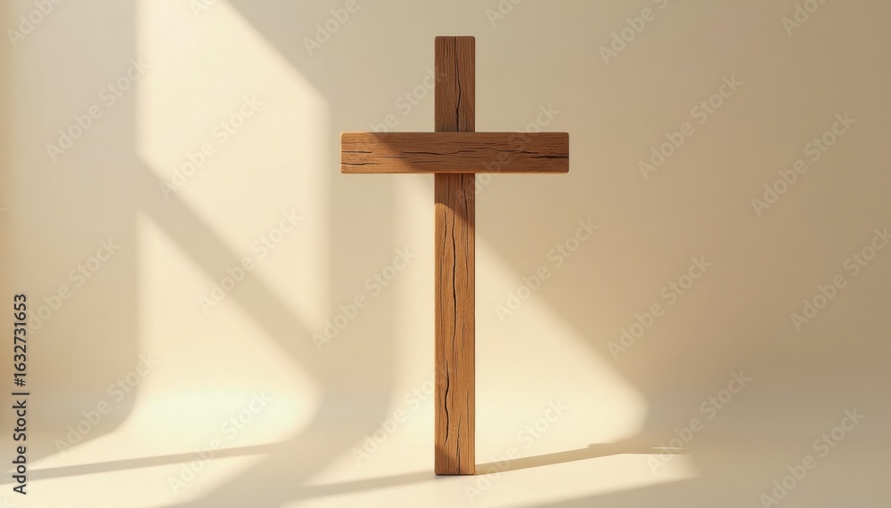 Naklejka premium Wooden cross standing on a light background with soft shadows 